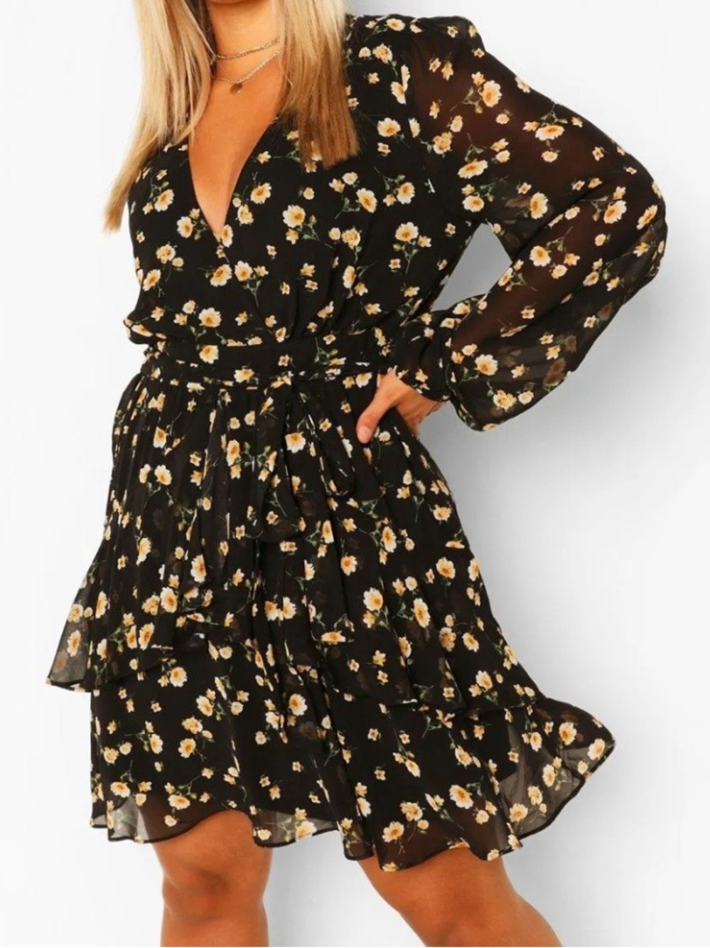 Boohoo Black Mini Dress with Yellow Floral Print